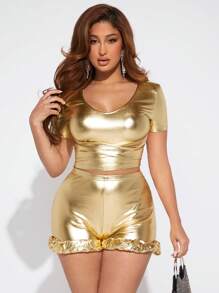 SHEIN SXY Metallic Ruffle Hem Shorts - Gold - View 4