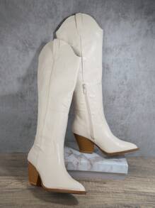 SHUZIA 極簡風格側拉鍊粗跟靴子