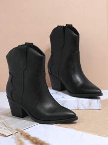 Minimalist Chunky Heeled Boots, Cowboy Boots For Women - Black - View 4