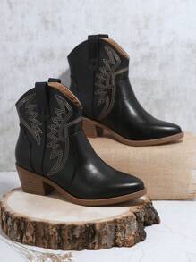 Faux Leather Pointy Toe Stacked Block Heel Booties - Black - View 2