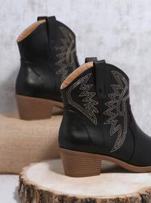 Faux Leather Pointy Toe Stacked Block Heel Booties - Black - View 3