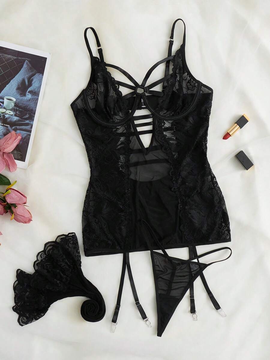 SHEIN Set bustier con encaje floral con aro con liga - Negro - Ver 1