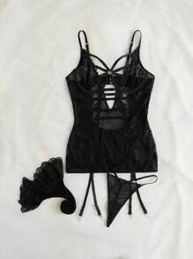 SHEIN Set bustier con encaje floral con aro con liga - Negro - Ver 4