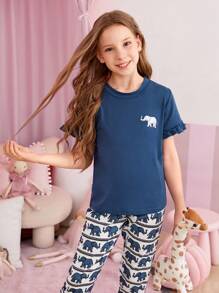 女大童大象印花荷葉邊T恤和褲子睡衣套裝 - 藍白色 - 查看 4