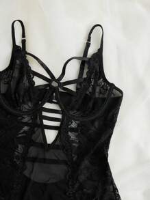 SHEIN Set bustier con encaje floral con aro con liga - Negro - Ver 5