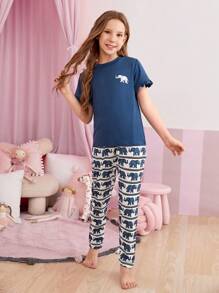 女大童大象印花荷葉邊T恤和褲子睡衣套裝 - 藍白色 - 查看 6