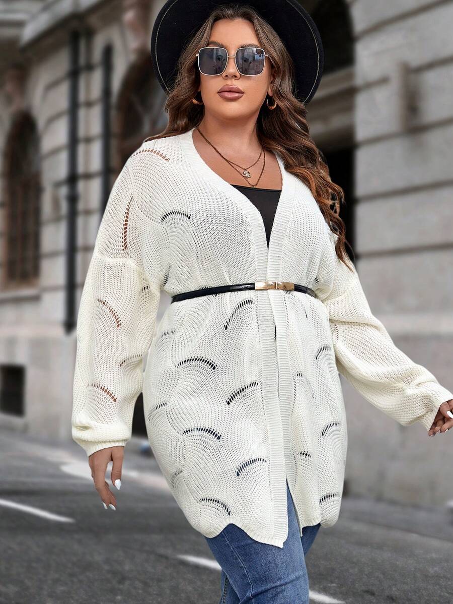 SHEIN Clasi Cárdigan sin cinturón en punto pointillé de talla grande con hombros caídos - Beis - Ver 1