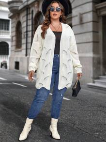 SHEIN Clasi Cárdigan sin cinturón en punto pointillé de talla grande con hombros caídos - Beis - Ver 4