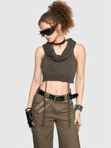ROMWE Grunge Punk Áo len nữ vest Dây kéo Gân đan màu trơn Giải trí - Màu xám đen - Xem 5