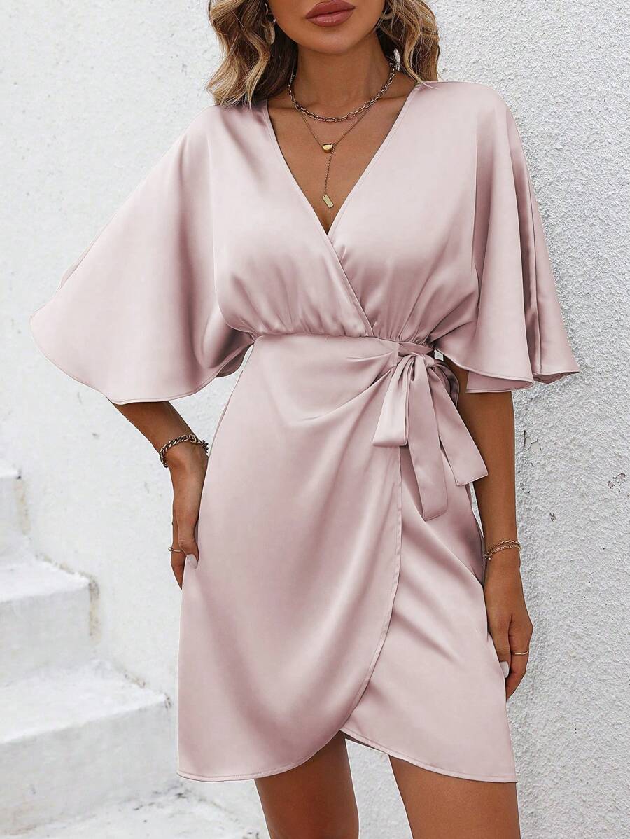 SHEIN Clasi Batwing Sleeve Knot Side Wrap Satin Dress - Baby Pink - View 1