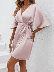 SHEIN Clasi Batwing Sleeve Knot Side Wrap Satin Dress - Baby Pink - View 4