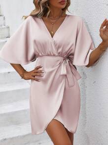 SHEIN Clasi Batwing Sleeve Knot Side Wrap Satin Dress - Baby Pink - View 5