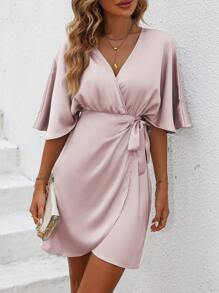 SHEIN Clasi Batwing Sleeve Knot Side Wrap Satin Dress - Baby Pink - View 6