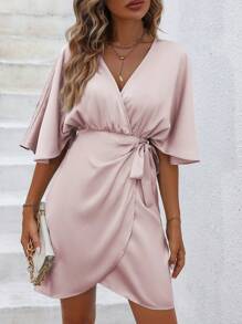 SHEIN Clasi Batwing Sleeve Knot Side Wrap Satin Dress - Baby Pink - View 7