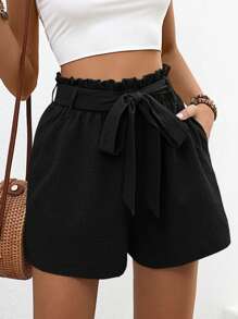 Breezaya Paperbag Waist Belted Wide Leg Shorts - Black - View 1
