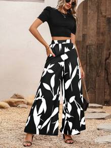 SHEIN Clasi 泡泡袖短款T恤&植物圖案闊腿褲 - 黑與白 - 查看 4