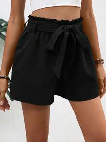 Breezaya Paperbag Waist Belted Wide Leg Shorts - Black - View 3