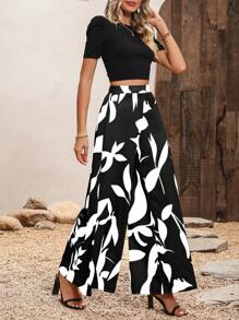 SHEIN Clasi 泡泡袖短款T恤&植物圖案闊腿褲 - 黑與白 - 查看 5