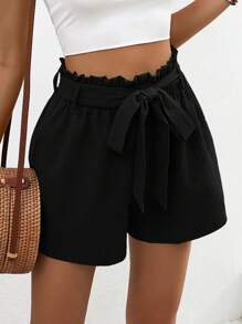 Breezaya Paperbag Waist Belted Wide Leg Shorts - Black - View 5