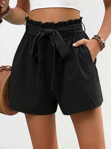 Breezaya Paperbag Waist Belted Wide Leg Shorts - Black - View 6