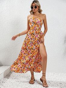 SHEIN VCAY 滿版印花單肩高衩洋裝 - 杏色 - 查看 1