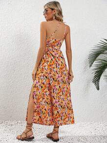 SHEIN VCAY 滿版印花單肩高衩洋裝 - 杏色 - 查看 2