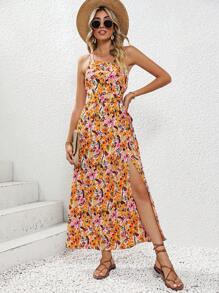 SHEIN VCAY 滿版印花單肩高衩洋裝 - 杏色 - 查看 4