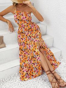 SHEIN VCAY 滿版印花單肩高衩洋裝 - 杏色 - 查看 5