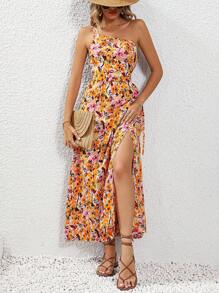 SHEIN VCAY 滿版印花單肩高衩洋裝 - 杏色 - 查看 6