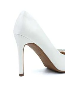 Ladies High Heel White Wedding Shoes Rhinestone and Bow Decorated Pointed Toe Stiletto Pumps - White - View 2
