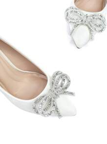 Ladies High Heel White Wedding Shoes Rhinestone and Bow Decorated Pointed Toe Stiletto Pumps - White - View 3