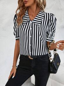 SHEIN Clasi 條紋印花泡泡袖襯衫 - 黑與白 - 查看 6