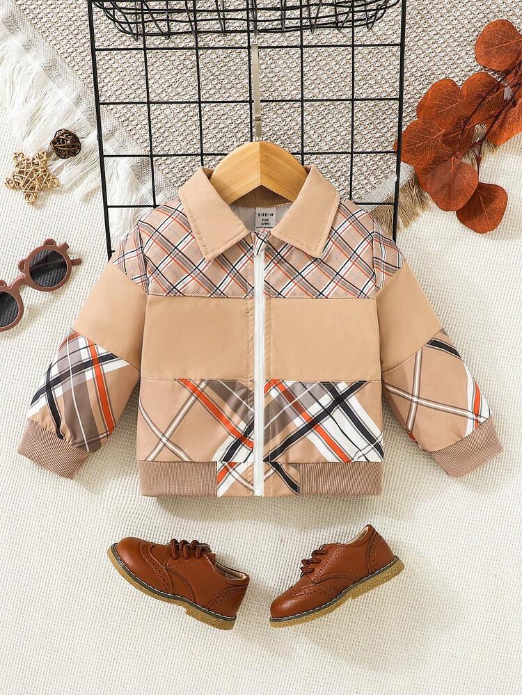 Baby Boys' Stylish Street Style Preppy Casual Plaid Pattern Color Block Jacket With Reversible Collar For Autumn, Winter