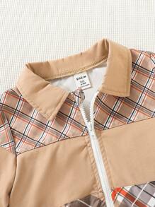 Baby Boys' Stylish Street Style Preppy Casual Plaid Pattern Colour Block Jacket With Reversible Collar For Autumn, Winter - Khaki - View 3