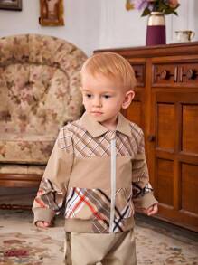 Baby Boys' Stylish Street Style Preppy Casual Plaid Pattern Colour Block Jacket With Reversible Collar For Autumn, Winter - Khaki - View 5