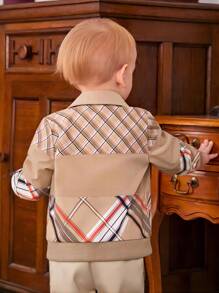 Baby Boys' Stylish Street Style Preppy Casual Plaid Pattern Colour Block Jacket With Reversible Collar For Autumn, Winter - Khaki - View 6