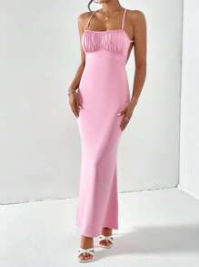 SHEIN Privé Vestido de tirantes pecho con fruncido de espalda abierta - Rosa - Ver 1