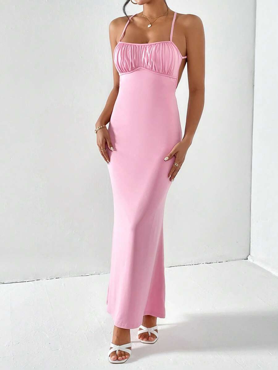 SHEIN Privé Vestido de tirantes pecho con fruncido de espalda abierta - Rosa - Ver 1