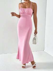 SHEIN Privé Vestido de tirantes pecho con fruncido de espalda abierta - Rosa - Ver 3