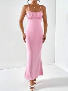 SHEIN Privé Vestido de tirantes pecho con fruncido de espalda abierta - Rosa - Ver 5