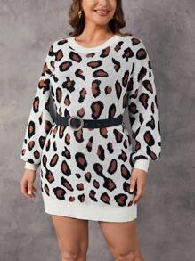 SHEIN LUNE Plus Leopard Pattern Lantern Sleeve Sweater Dress Without Belt - Multicolor - View 1