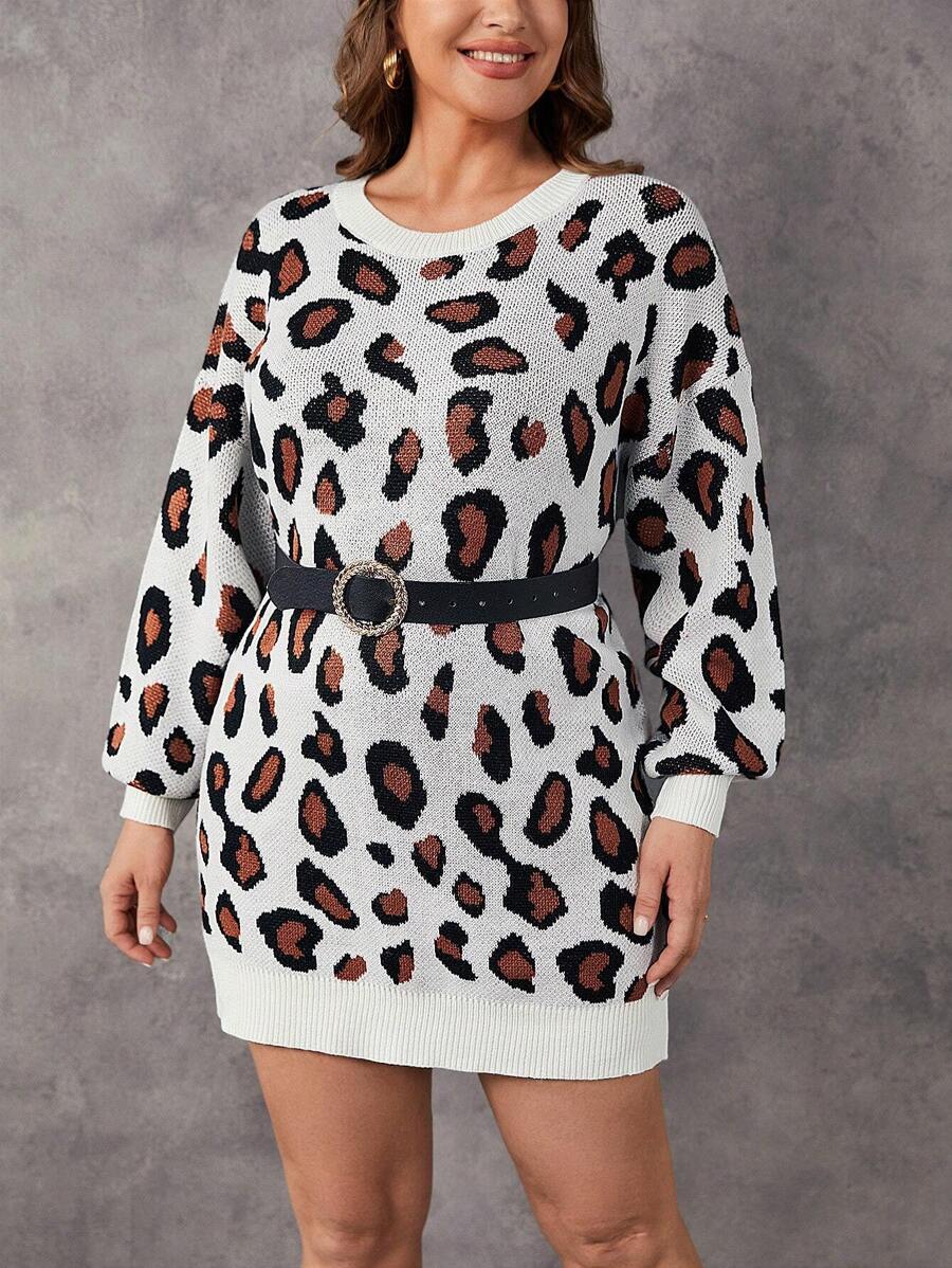 SHEIN LUNE Plus Leopard Pattern Lantern Sleeve Sweater Dress Without Belt - Multicolor - View 1