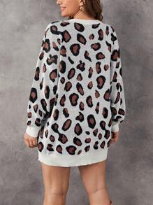 SHEIN LUNE Plus Leopard Pattern Lantern Sleeve Sweater Dress Without Belt - Multicolor - View 2