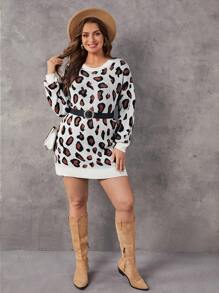 SHEIN LUNE Plus Leopard Pattern Lantern Sleeve Sweater Dress Without Belt - Multicolor - View 3
