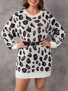 SHEIN LUNE Plus Leopard Pattern Lantern Sleeve Sweater Dress Without Belt - Multicolor - View 4