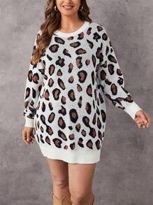 SHEIN LUNE Plus Leopard Pattern Lantern Sleeve Sweater Dress Without Belt - Multicolor - View 5