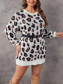 SHEIN LUNE Plus Leopard Pattern Lantern Sleeve Sweater Dress Without Belt - Multicolor - View 6