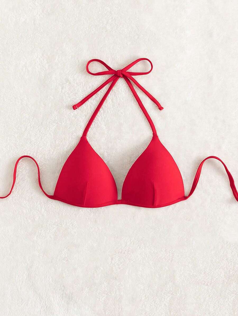 Swim Basics Summer Beach Solid Halter Push Up Bikini Top - Red - View 1