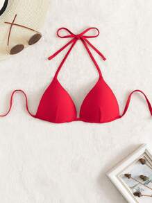 Swim Basics Summer Beach Solid Halter Push Up Bikini Top - Red - View 3