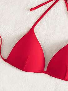Swim Basics Summer Beach Solid Halter Push Up Bikini Top - Red - View 4